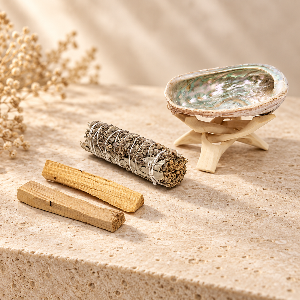 SoulSpace Räucher-Set: Weißer Salbei, Palo Santo & Abalone-Schale