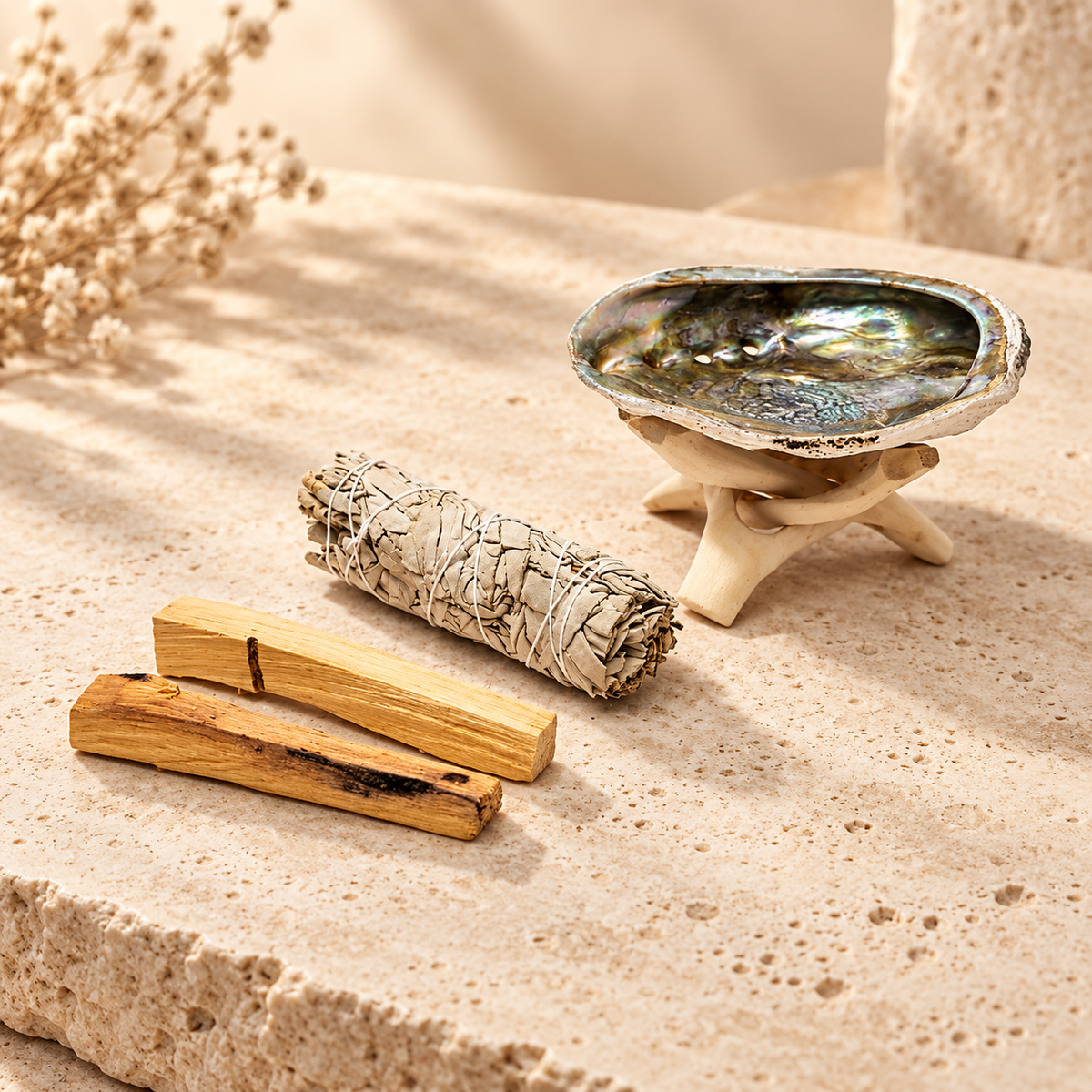 SoulSpace Räucher-Set: Weißer Salbei, Palo Santo & Abalone-Schale